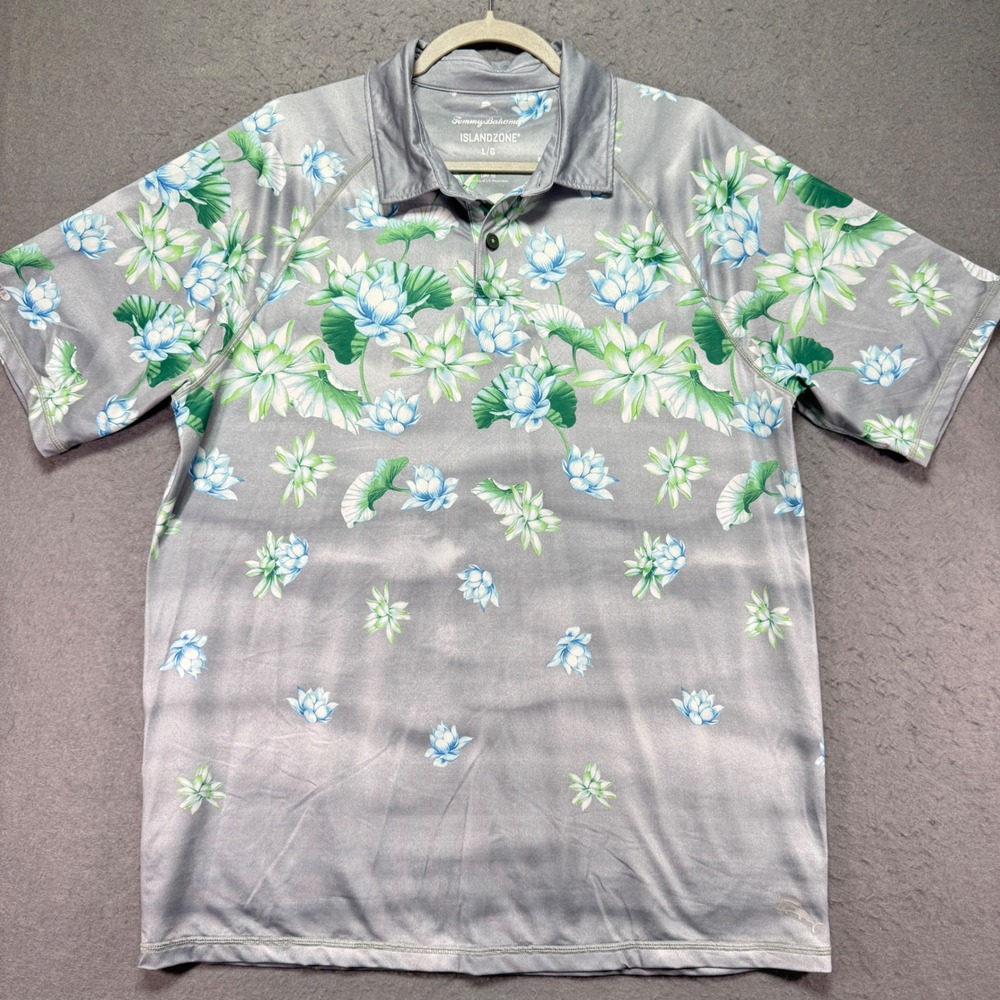 Tommy Bahama IslandZone Men's Large Floral Print Polo Shirt UPF 30 Gray‎